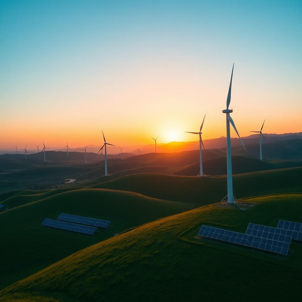 Wind turbines and solar panels across rolling green hills at sunrise