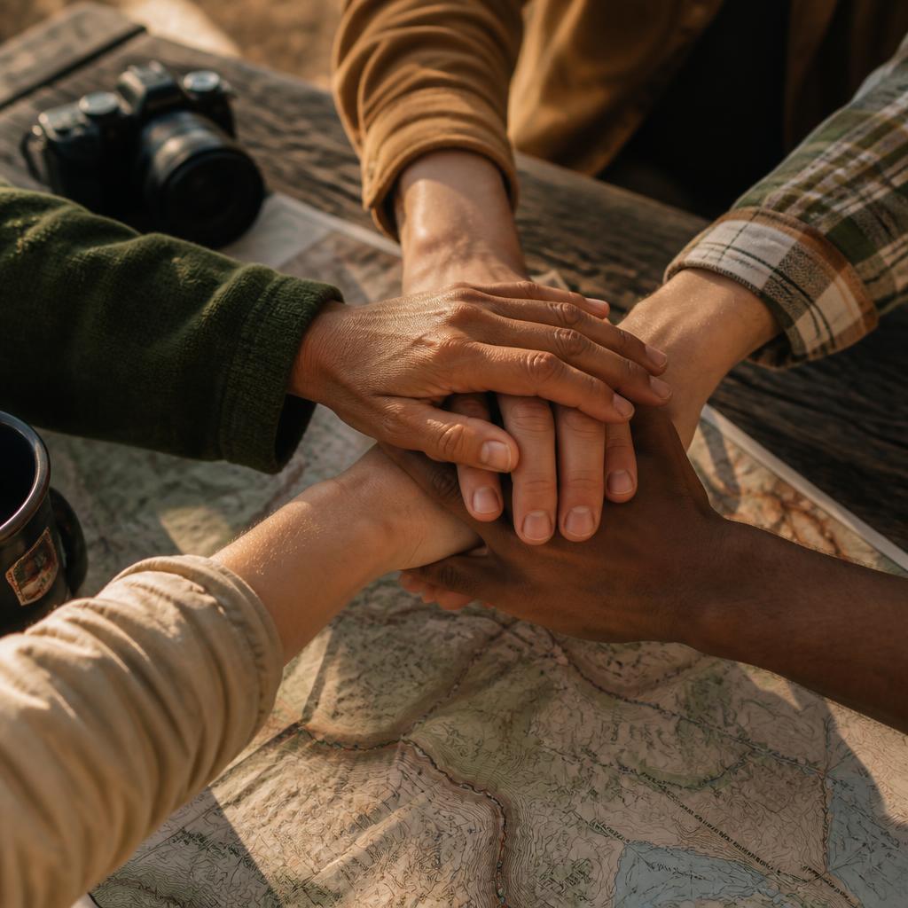 Hands joined together over a topographic map