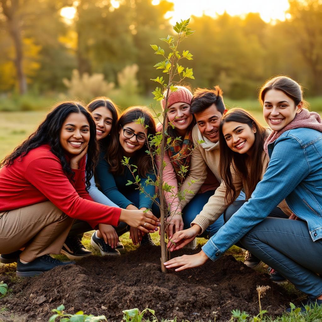 A diverse group of young people planting a tree together at sunset