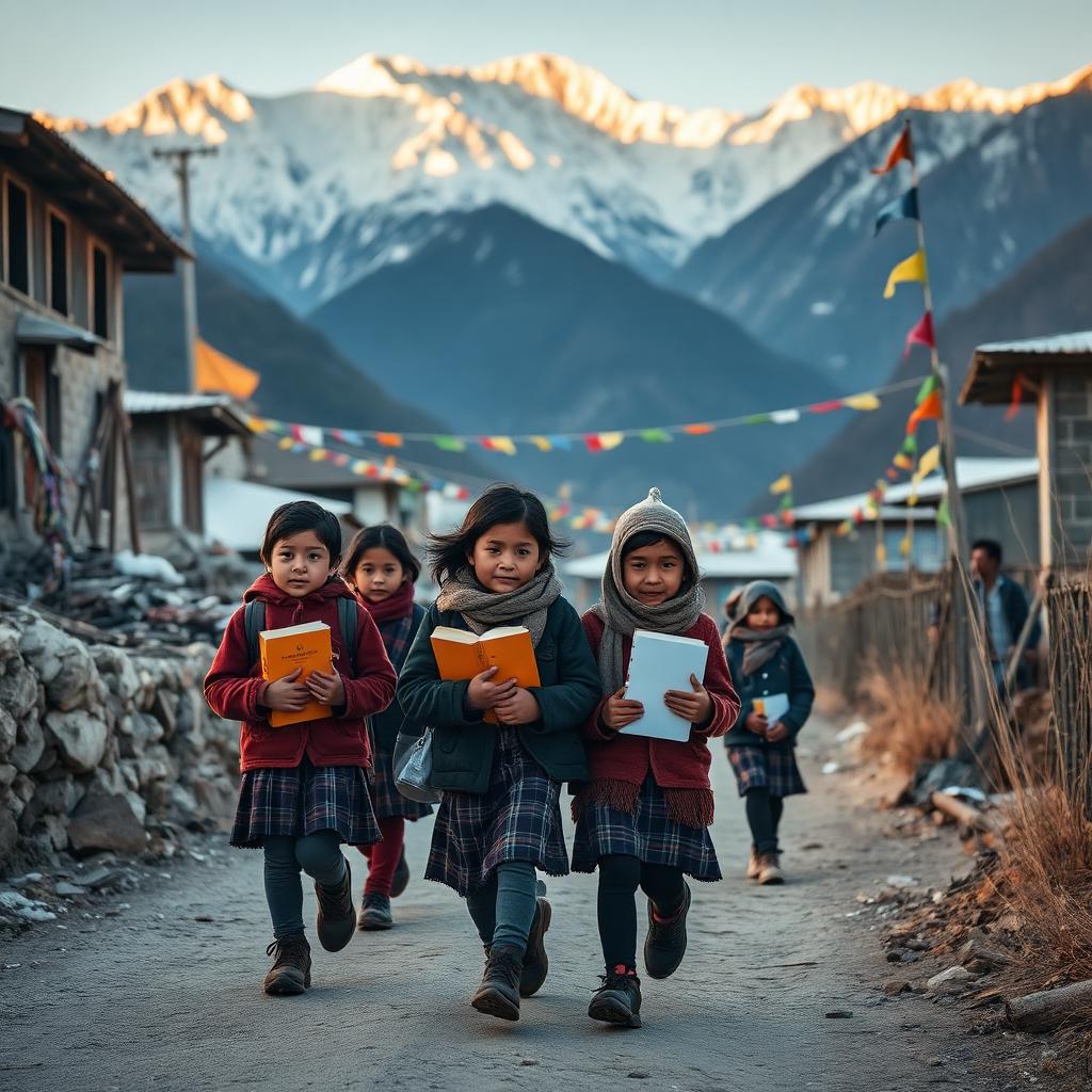 Himalayan schoolchildren walking through a mountain village at dawn