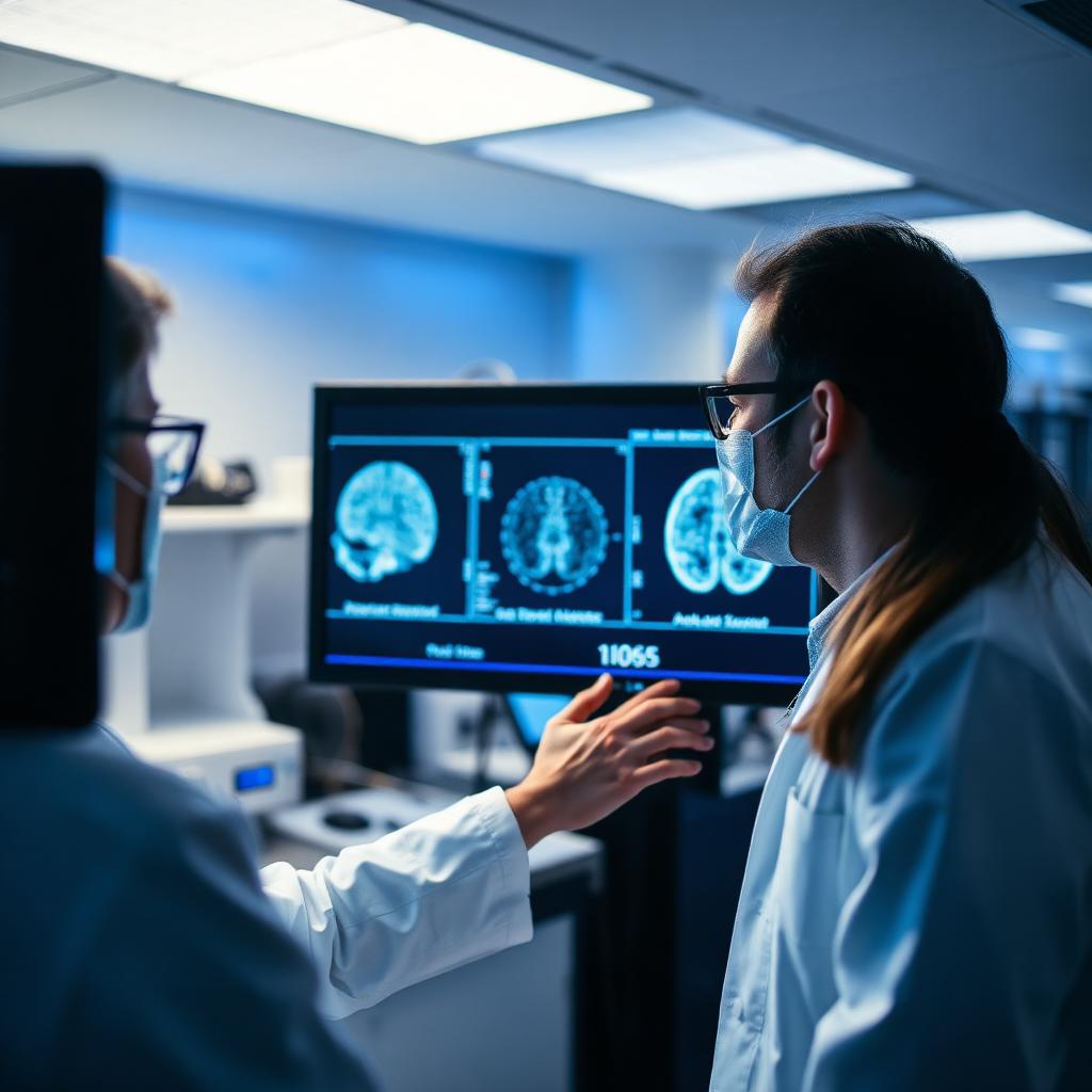 Neuroscience researchers reviewing brain scans in a modern laboratory